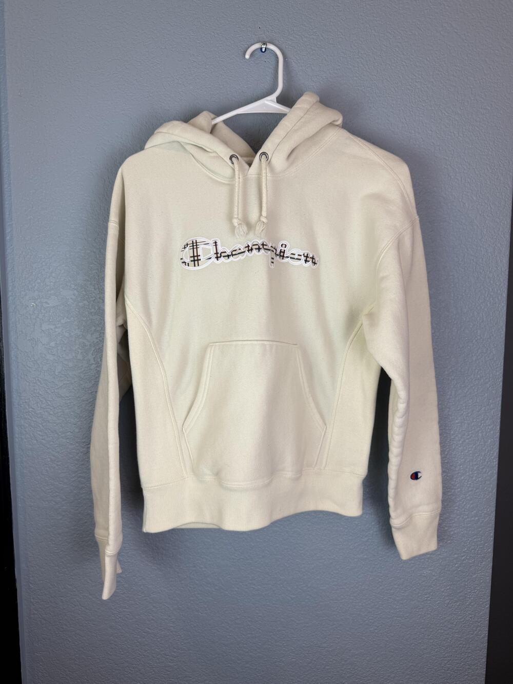 Champion Hoodie Mens Small Cream Reverse Weave Plaid Logo Pullover Sweatshirt